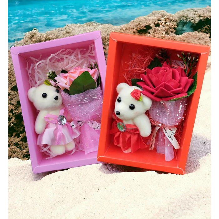 X 2 Regalos Dia Enamorados caja con Oso y ramo rosas ( surtidos rojo y rosado ) 4