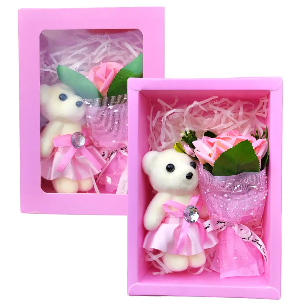 X 2 Regalos Dia Enamorados caja con Oso y ramo rosas ( surtidos rojo y rosado ) 3