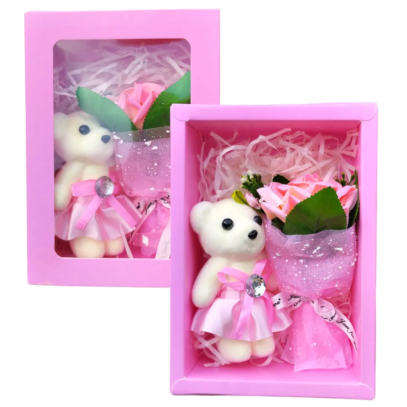 X 2 Regalos Dia Enamorados caja con Oso y ramo rosas ( surtidos rojo y rosado ) 3
