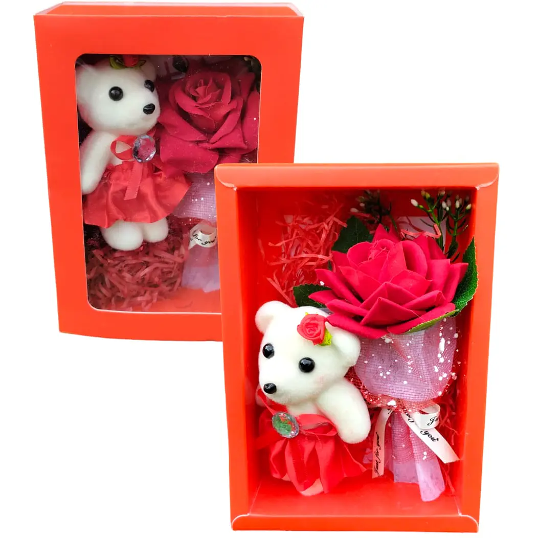 X 2 Regalos Dia Enamorados caja con Oso y ramo rosas ( surtidos rojo y rosado ) 2
