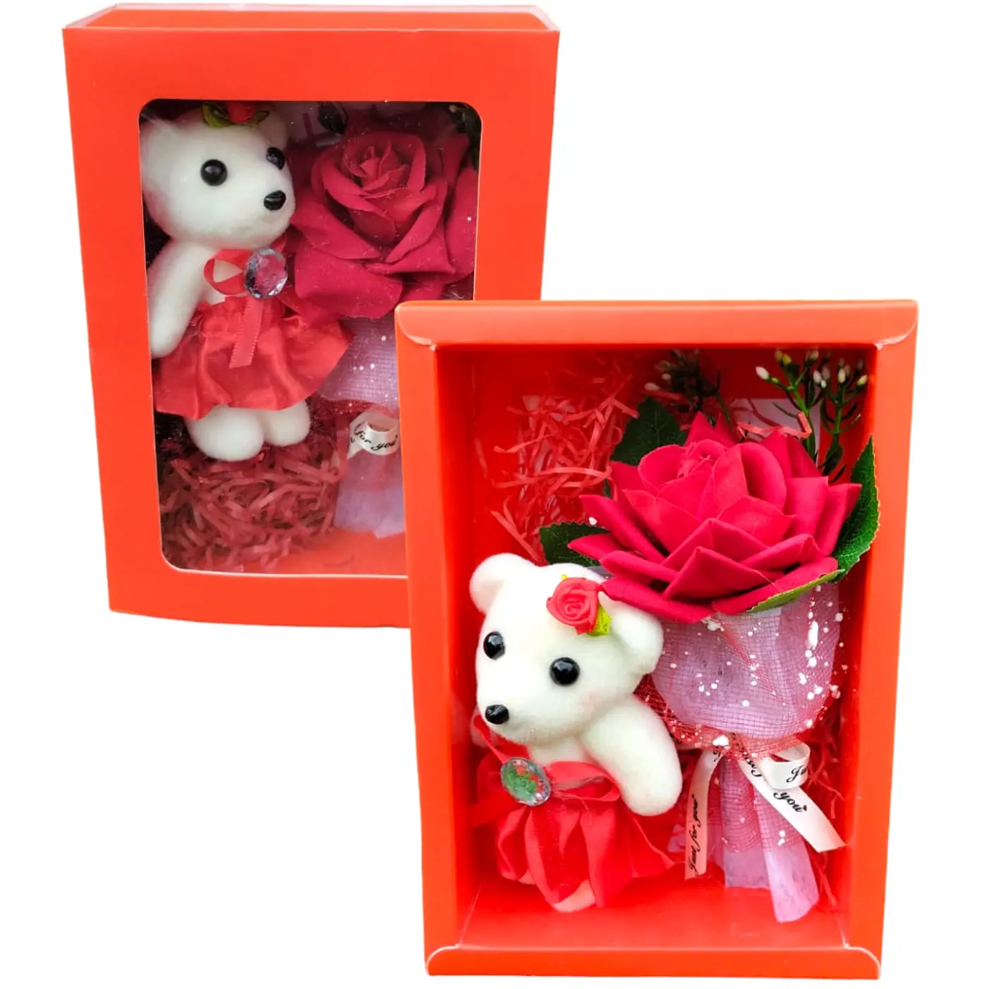 X 2 Regalos Dia Enamorados caja con Oso y ramo rosas ( surtidos rojo y rosado ) 2