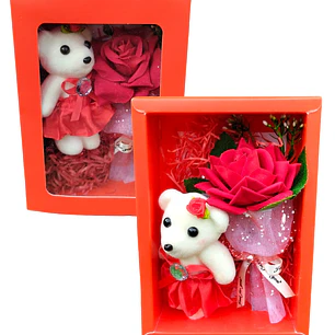 X 2 Regalos Dia Enamorados caja con Oso y ramo rosas ( surtidos rojo y rosado )