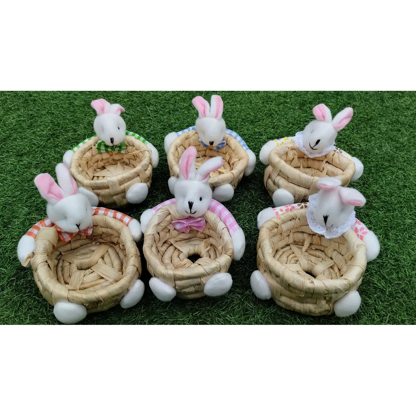 6 Canastos de pascua nido con conejo peluche 1