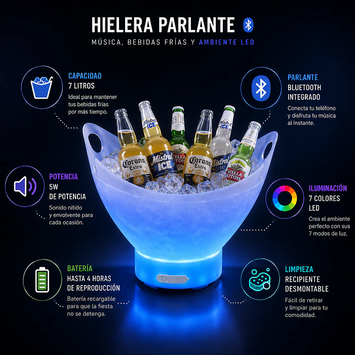 Hielera Parlante Bluetooth Luces LED 7L 4