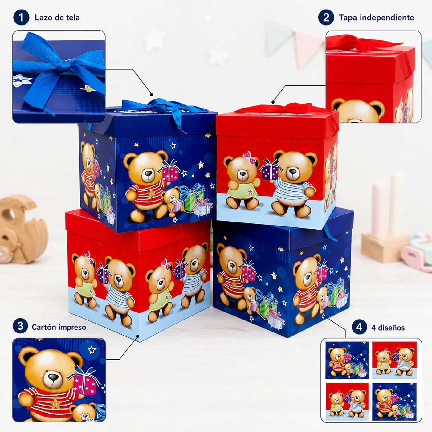Cajas de Regalo Osos Día del Niño Cartón 22cm 12 Unidades 3