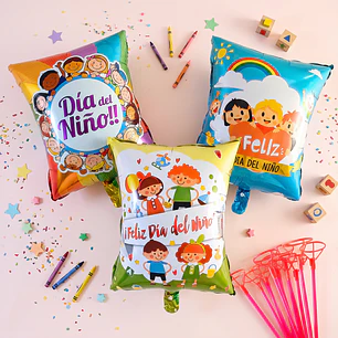 Globos feliz día del niño 60 cm con varillas 12 unidades