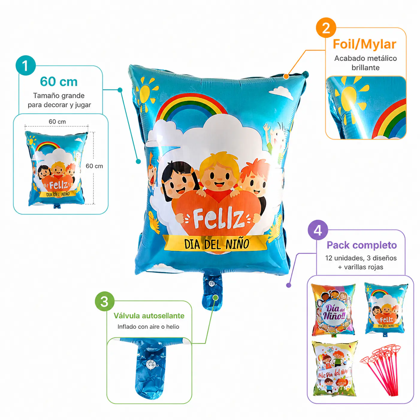 Globos feliz día del niño 60 cm con varillas 12 unidades 8