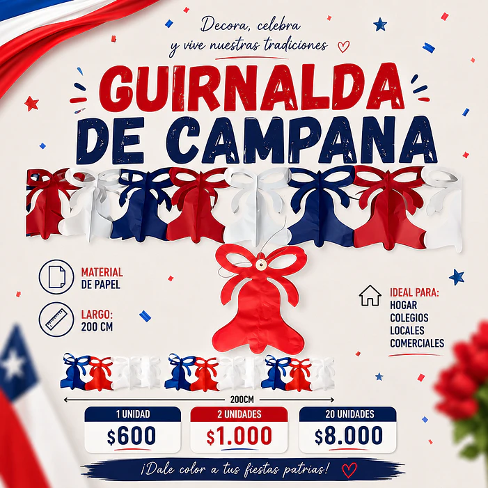 Pack 20 Guirnalda campana tricolor papel 2mt 1
