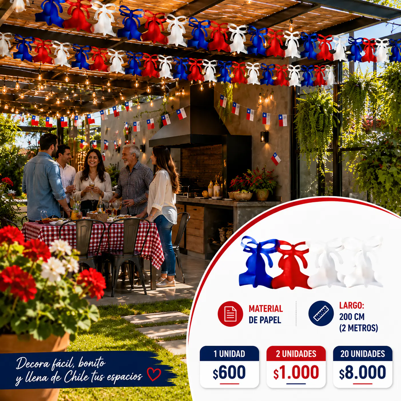 Pack 20 Guirnalda campana tricolor papel 2mt 2