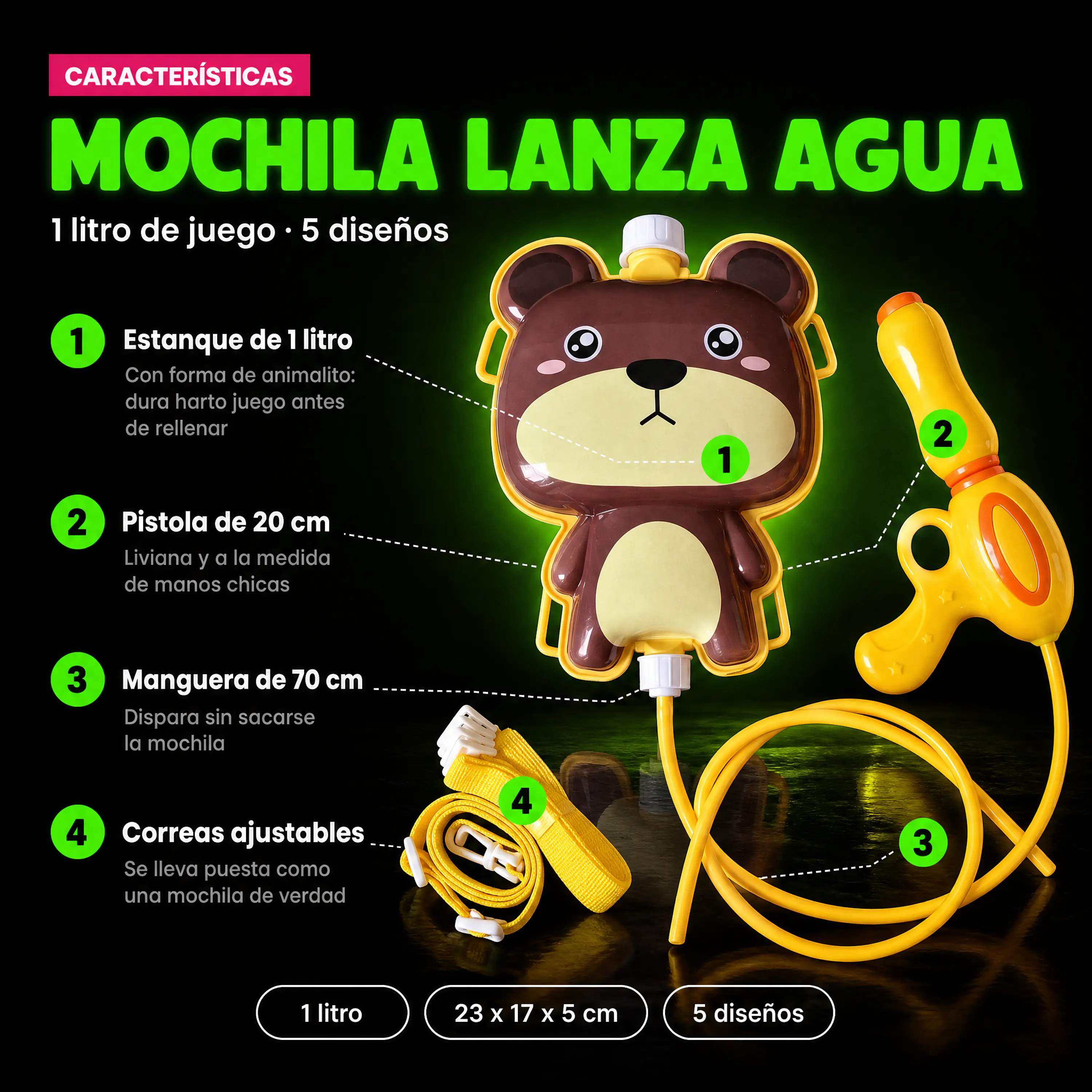 Mochila Lanza Agua para Niños con Pistola 1 Litro 11