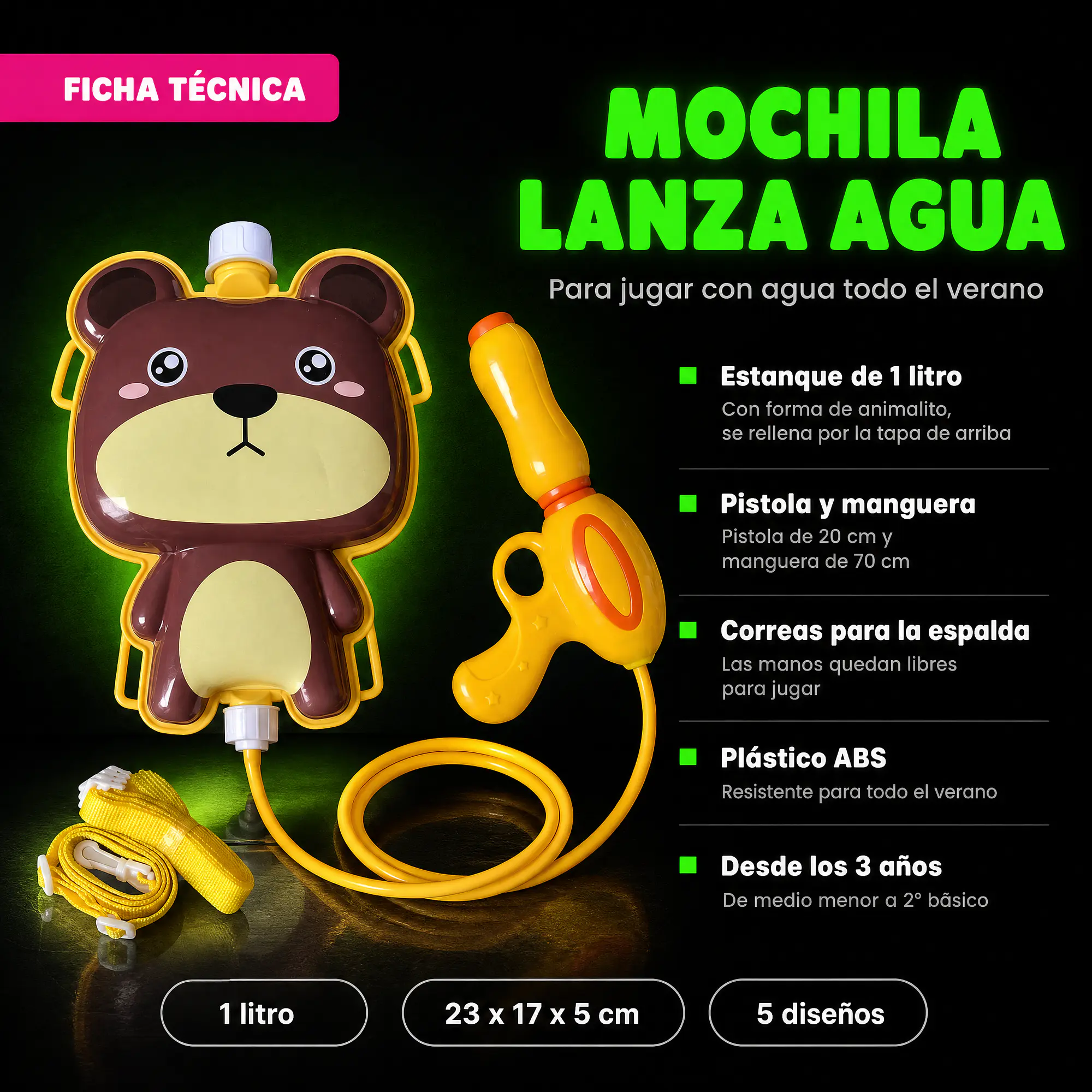 Mochila Lanza Agua para Niños con Pistola 1 Litro 13