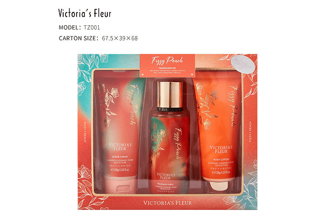 🍑 SET DE FRAGANCIA VICTORIA'S FLEUR EN SPRY+ CREMA + EXFOLIANTE FIZZY PEACH MODELO #TZ001