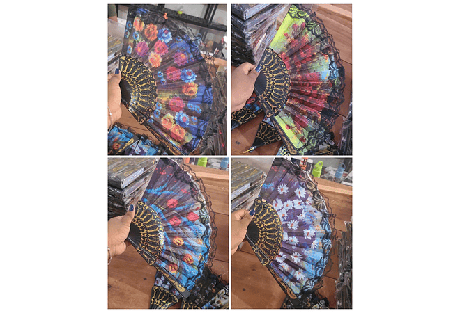 DOCENA DE ABANICOS NEGROS ESTAMPADO FLORES Y LENTEJUELAS(REINGRESO)