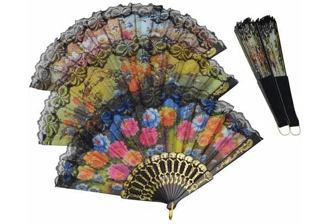 DOCENA DE ABANICOS NEGROS ESTAMPADO FLORES Y LENTEJUELAS(REINGRESO)