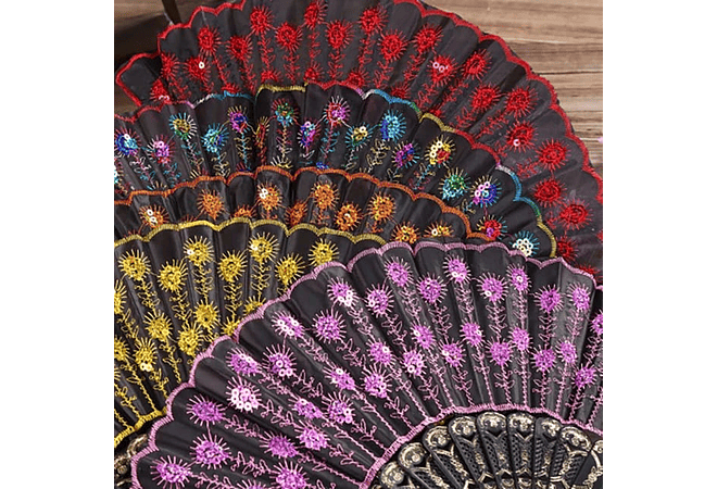 DOCENA DE ABANICOS NEGROS ESTAMPADO FLORES Y LENTEJUELAS(REINGRESO)