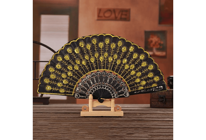 DOCENA DE ABANICOS NEGROS ESTAMPADO FLORES Y LENTEJUELAS(REINGRESO)