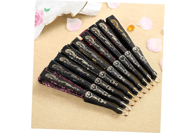 DOCENA DE ABANICOS NEGROS ESTAMPADO FLORES Y LENTEJUELAS(REINGRESO)