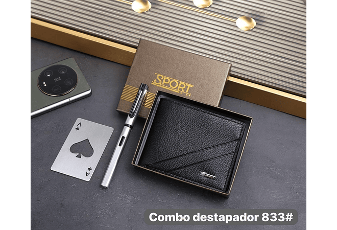 🖤🩶 SET CARTERA + LAPICERO + DESTAPADOR PARA CABALLERO MOD#618