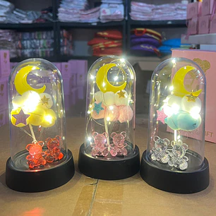 FLOR ETERNA MEDIANA CON LUZ CÁLIDA , LUNA Y OSITOS MOD# YK145