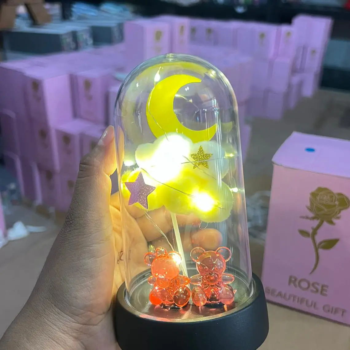 FLOR ETERNA MEDIANA CON LUZ CÁLIDA , LUNA Y OSITOS MOD# YK145 7