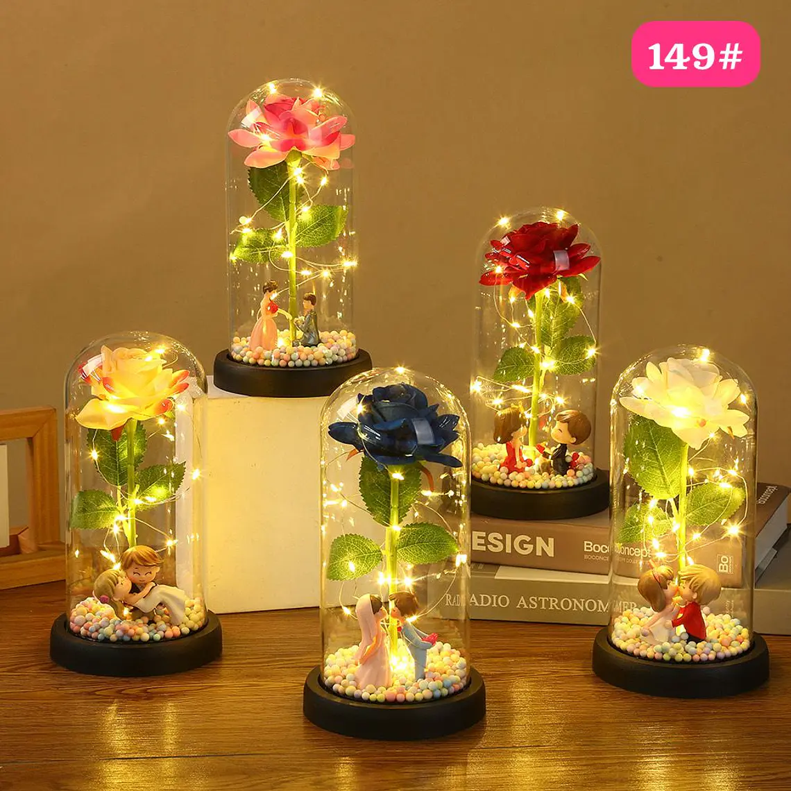 ROSA ETERNA GRANDE CON PAREJAS DE PORCELANA Y LUZ LED CÁLIDA MOD# YK149 REINGRESO 1
