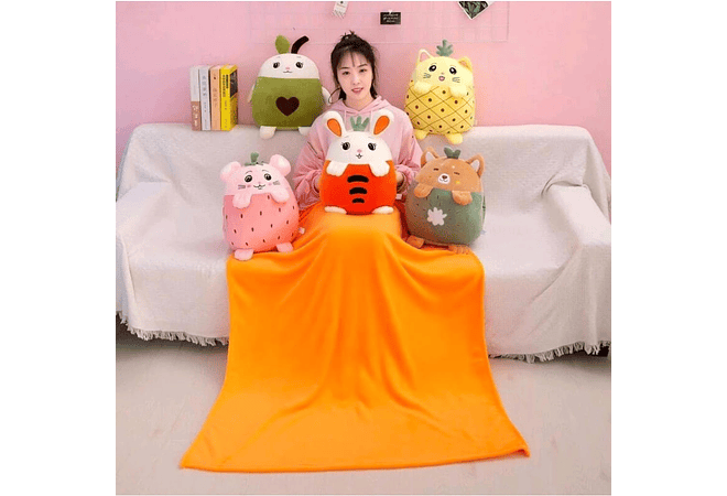 🐰🍍🥝 ALMOHADA PELUCHE ANIMALITOS FRUTAS + FRAZADA MODELO #301 🐻🍍🥝