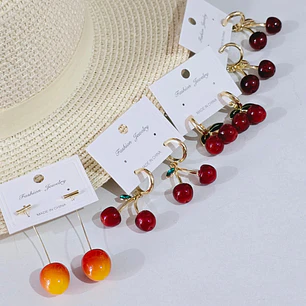 ARETES LARGOS DE ORO LAMINADO DISEÑO CEREZAS 🍒