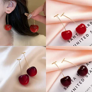 ARETES LARGOS DE ORO LAMINADO DISEÑO CEREZAS 🍒