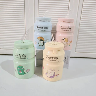 🥤VASO DE CERÁMICA CON TAPA ANIMALITOS KAWAII MOD# L2B-05🥤