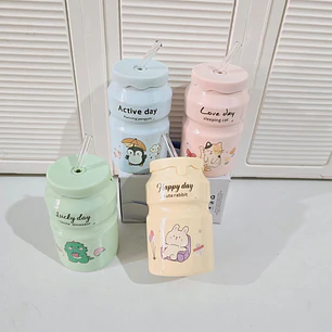 🥤VASO DE CERÁMICA CON TAPA ANIMALITOS KAWAII MOD# L2B-05🥤