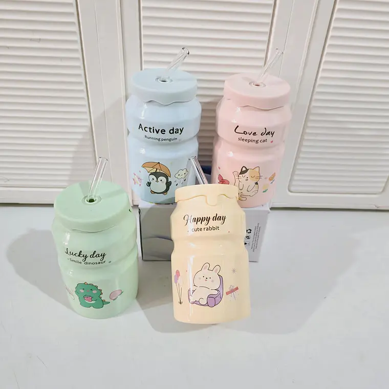 🥤VASO DE CERÁMICA CON TAPA ANIMALITOS KAWAII MOD# L2B-05🥤 2