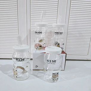 VASO DE VIDRIO CON TAPA DISEÑO VAQUITA DE 300ML MOD# T26-16