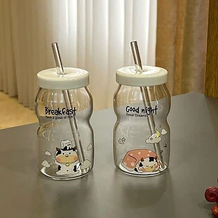 VASO DE VIDRIO CON TAPA DISEÑO VAQUITA DE 300ML MOD# T26-16