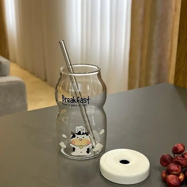 VASO DE VIDRIO CON TAPA DISEÑO VAQUITA DE 300ML MOD# T26-16 3