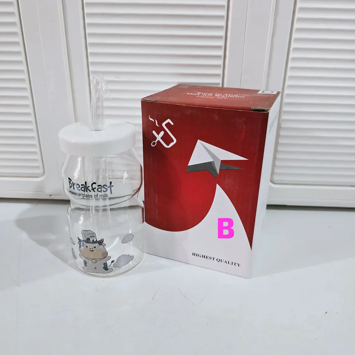 VASO DE VIDRIO CON TAPA DISEÑO VAQUITA DE 300ML MOD# T26-16 6