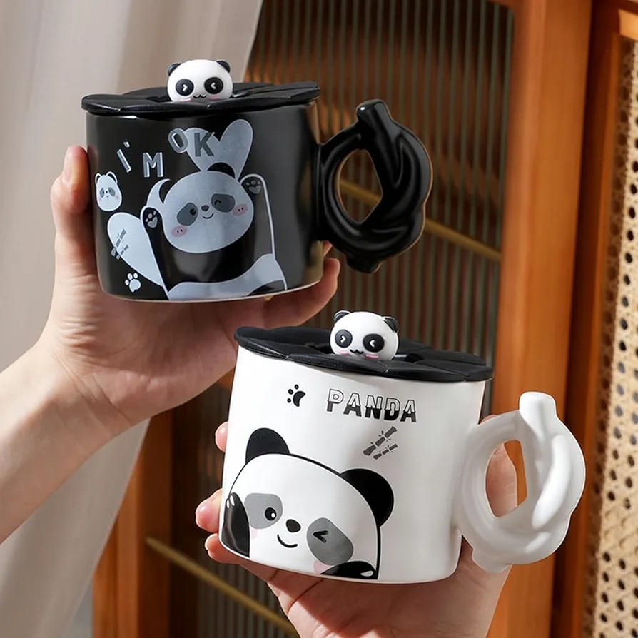 TAZA DE CERAMICA CON TAPA DISEÑO PANDITAS DE 400ML MOD# TZ-21