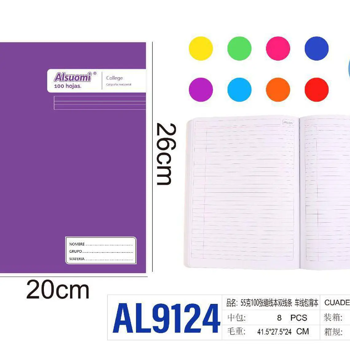 (DOBLE RAYA)LIBRETA COCIDA PROFESIONAL PASTA MEDIA DURA CON 100 HOJAS COLORES LISOS MOD# AL9124 1