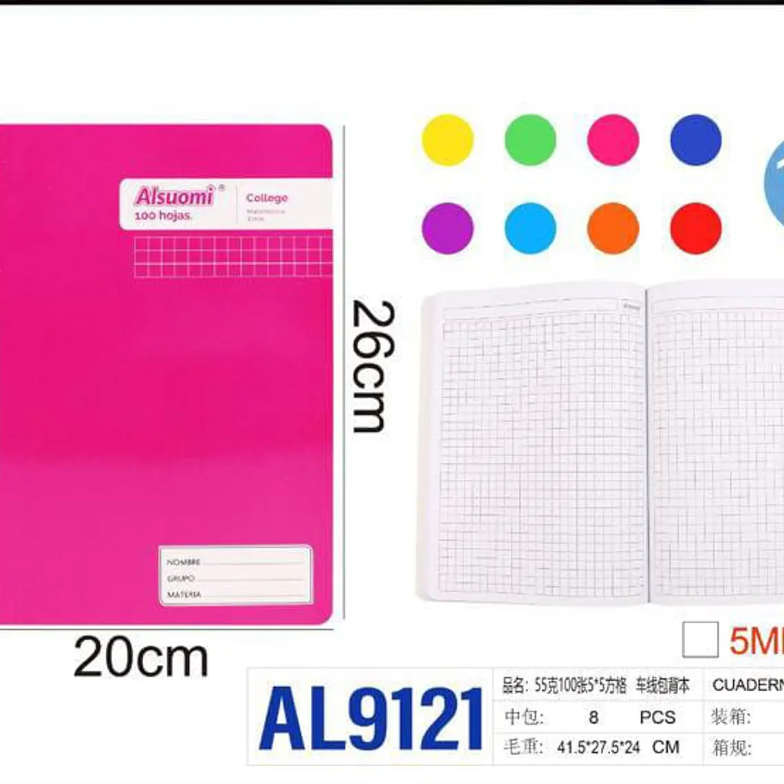 (CUADRO CHICO)LIBRETA COCIDA PROFESIONAL PASTA MEDIA DURA CON 100 HOJAS COLORES LISOS MOD# AL9121 1