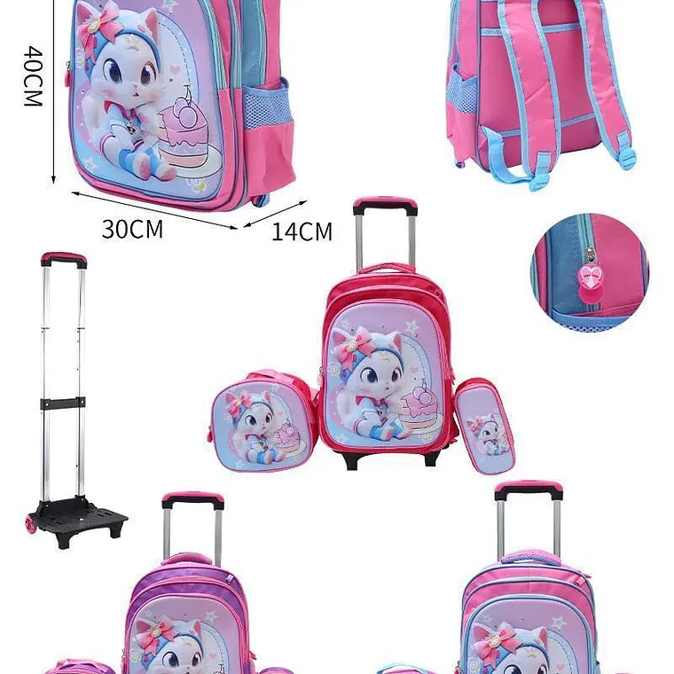 COMBO DE 3PZ MOCHILA +LONCHERA +LAPICERA CON CARRITO Y LUZ LED  PARA PRIMARIAMOD#BY-10, 11, 12 1