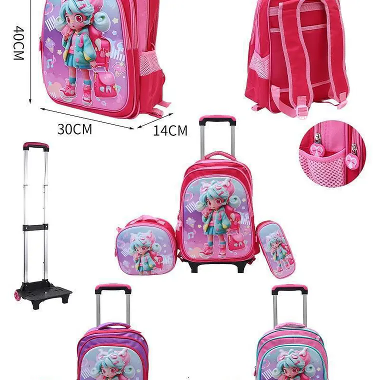 COMBO DE 3PZ MOCHILA +LONCHERA +LAPICERA CON CARRITO Y LUZ LED  PARA PRIMARIAMOD#BY-10, 11, 12 2