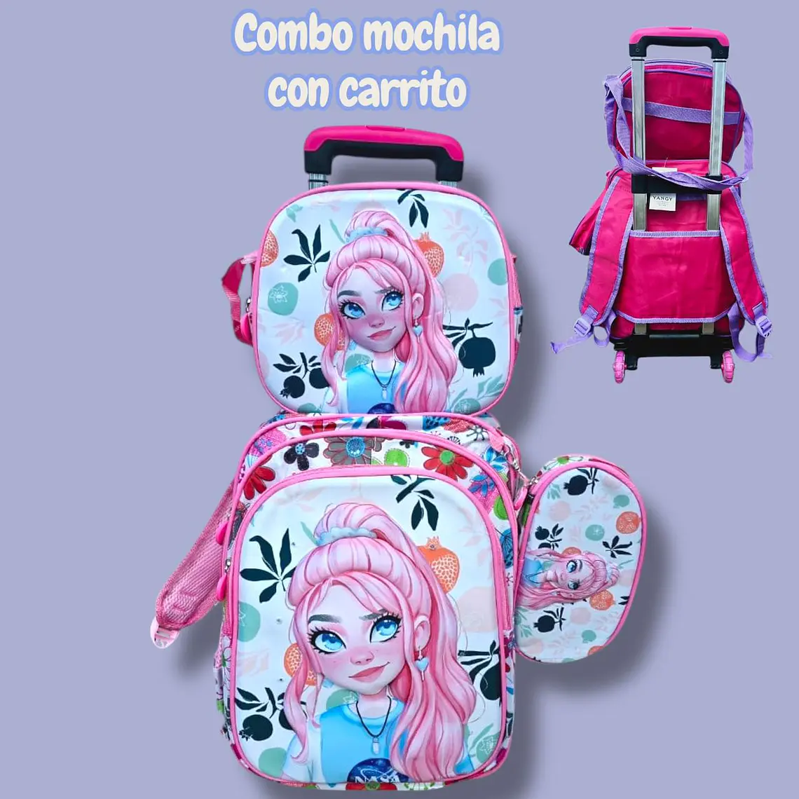 COMBO DE 3PZ MOCHILA +LONCHERA +LAPICERA CON CARRITO Y LUZ LED  PARA PRIMARIAMOD#BY-10, 11, 12 3