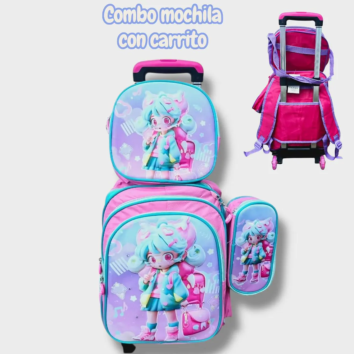 COMBO DE 3PZ MOCHILA +LONCHERA +LAPICERA CON CARRITO Y LUZ LED  PARA PRIMARIAMOD#BY-10, 11, 12 7