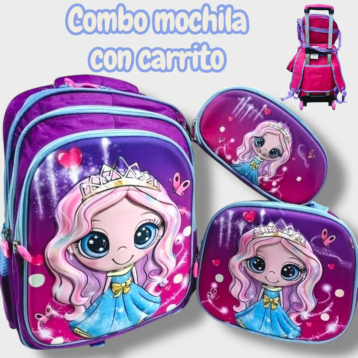 COMBO DE 3PZ MOCHILA +LONCHERA +LAPICERA CON CARRITO Y LUZ LED  PARA PRIMARIAMOD#BY-10, 11, 12 10