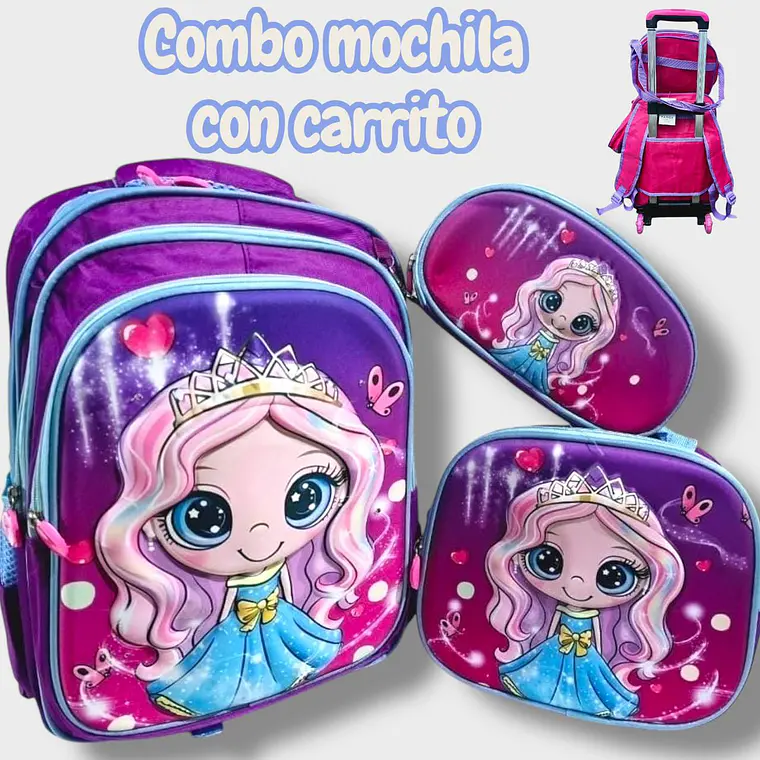 COMBO DE 3PZ MOCHILA +LONCHERA +LAPICERA CON CARRITO Y LUZ LED  PARA PRIMARIAMOD#BY-10, 11, 12 10