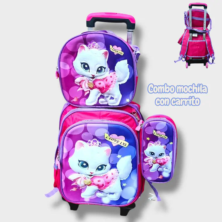 COMBO DE 3PZ MOCHILA +LONCHERA +LAPICERA CON CARRITO Y LUZ LED  PARA PRIMARIAMOD#BY-10, 11, 12 11