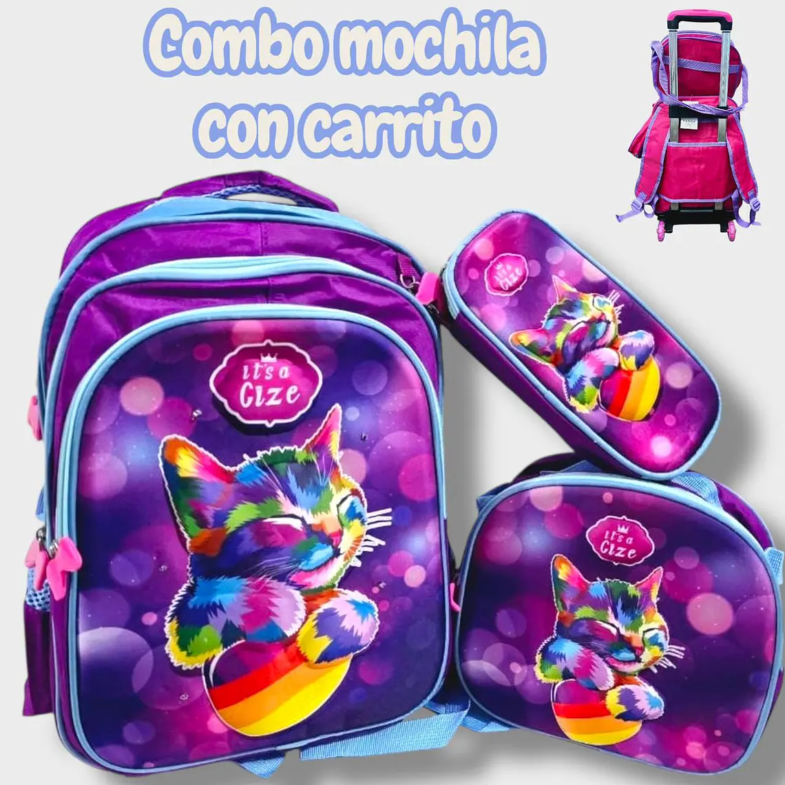 COMBO DE 3PZ MOCHILA +LONCHERA +LAPICERA CON CARRITO Y LUZ LED  PARA PRIMARIAMOD#BY-10, 11, 12 13