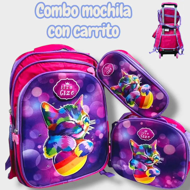 COMBO DE 3PZ MOCHILA +LONCHERA +LAPICERA CON CARRITO Y LUZ LED  PARA PRIMARIAMOD#BY-10, 11, 12 14