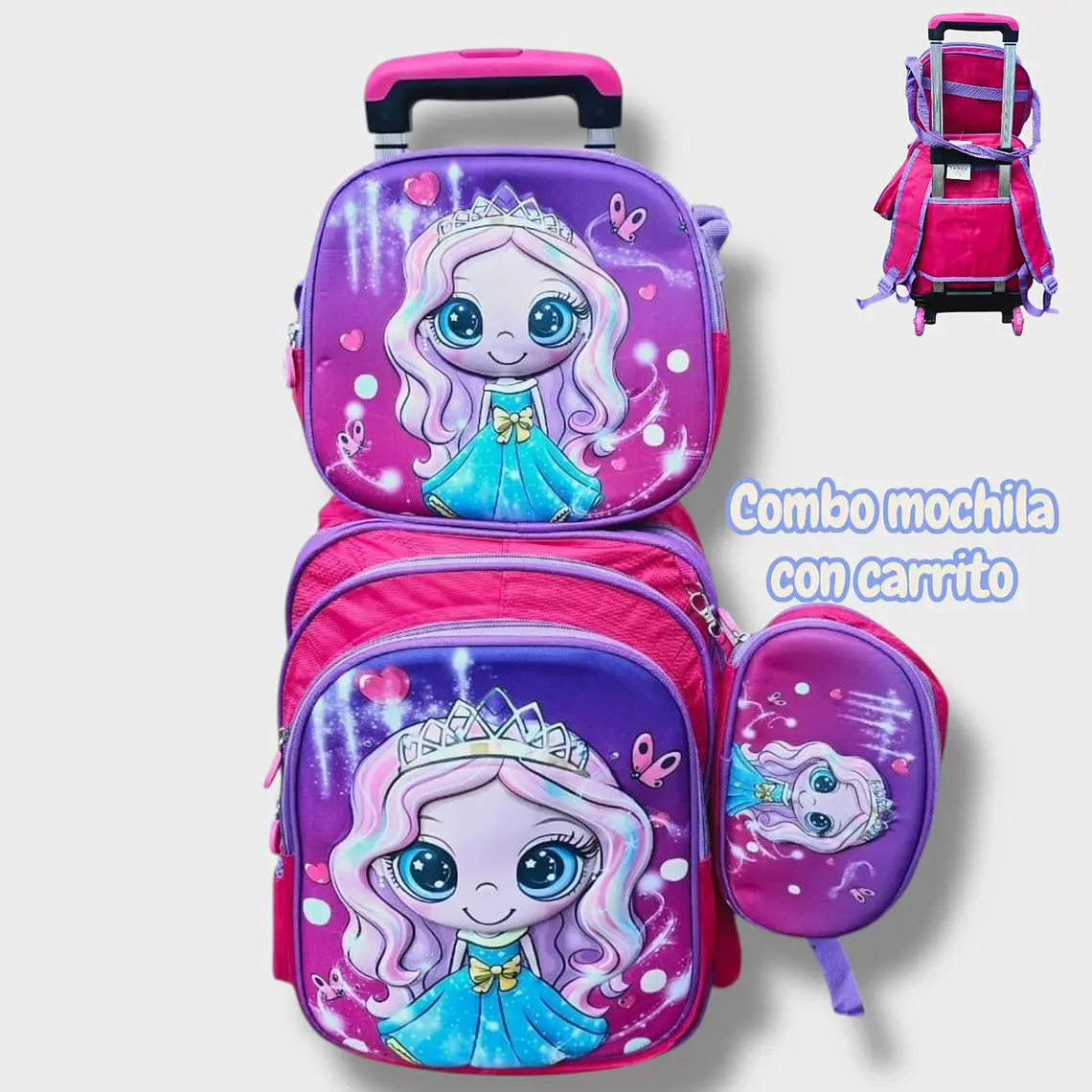 COMBO DE 3PZ MOCHILA +LONCHERA +LAPICERA CON CARRITO Y LUZ LED  PARA PRIMARIAMOD#BY-10, 11, 12 15