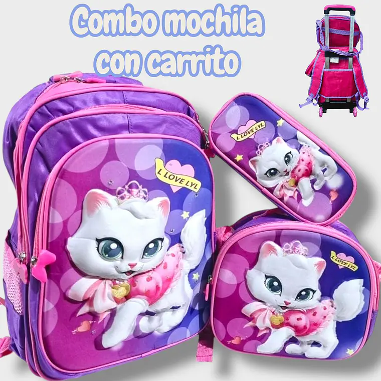 COMBO DE 3PZ MOCHILA +LONCHERA +LAPICERA CON CARRITO Y LUZ LED  PARA PRIMARIAMOD#BY-10, 11, 12 16