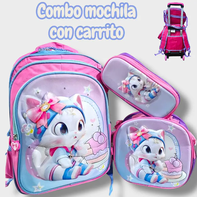 COMBO DE 3PZ MOCHILA +LONCHERA +LAPICERA CON CARRITO Y LUZ LED  PARA PRIMARIAMOD#BY-10, 11, 12 18